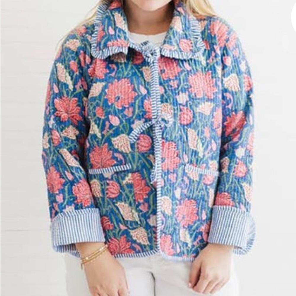 Strawflower Seascape Quilted Block Print Ruffle Bow Jacket